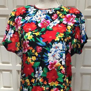 LIZ CLAIBORNE  size PETITE 12, 100% SILK BLOUSE multicolor FLOWERS button back